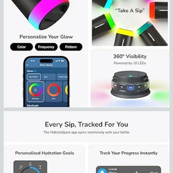 HidrateSpark Black Smart Water Bottle with LED Base - Picture 3 of 4